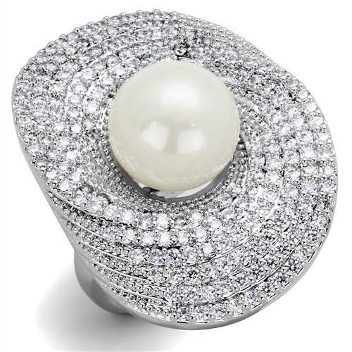 JCE1082 Rhodium Brass Ring with Synthetic Pearl in White