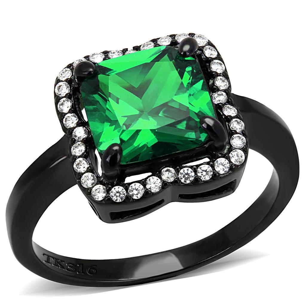 JCE029 IP Black(Ion Plating) Stainless Steel Ring with AAA Grade CZ  in Emerald