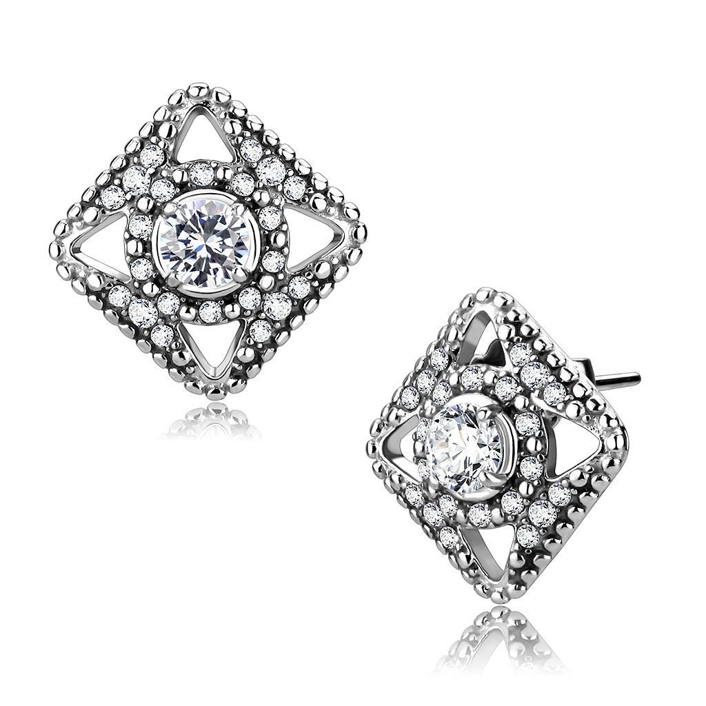 JCE072 High polished (no plating) Stainless Steel Earrings with AAA Grade CZ  in Clear