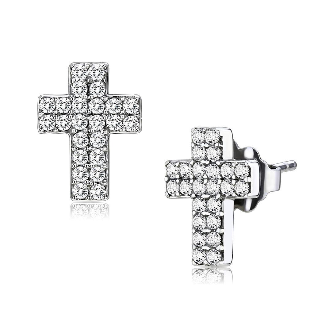 JCE098 High polished (no plating) Stainless Steel Earrings with AAA Grade CZ  in Clear