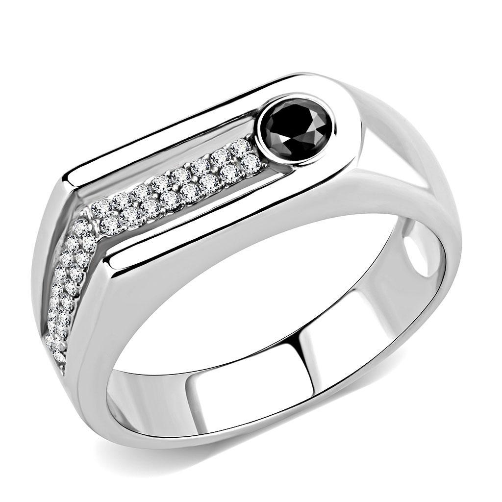 JCE286 High polished (no plating) Stainless Steel Ring with AAA Grade CZ  in Black Diamond