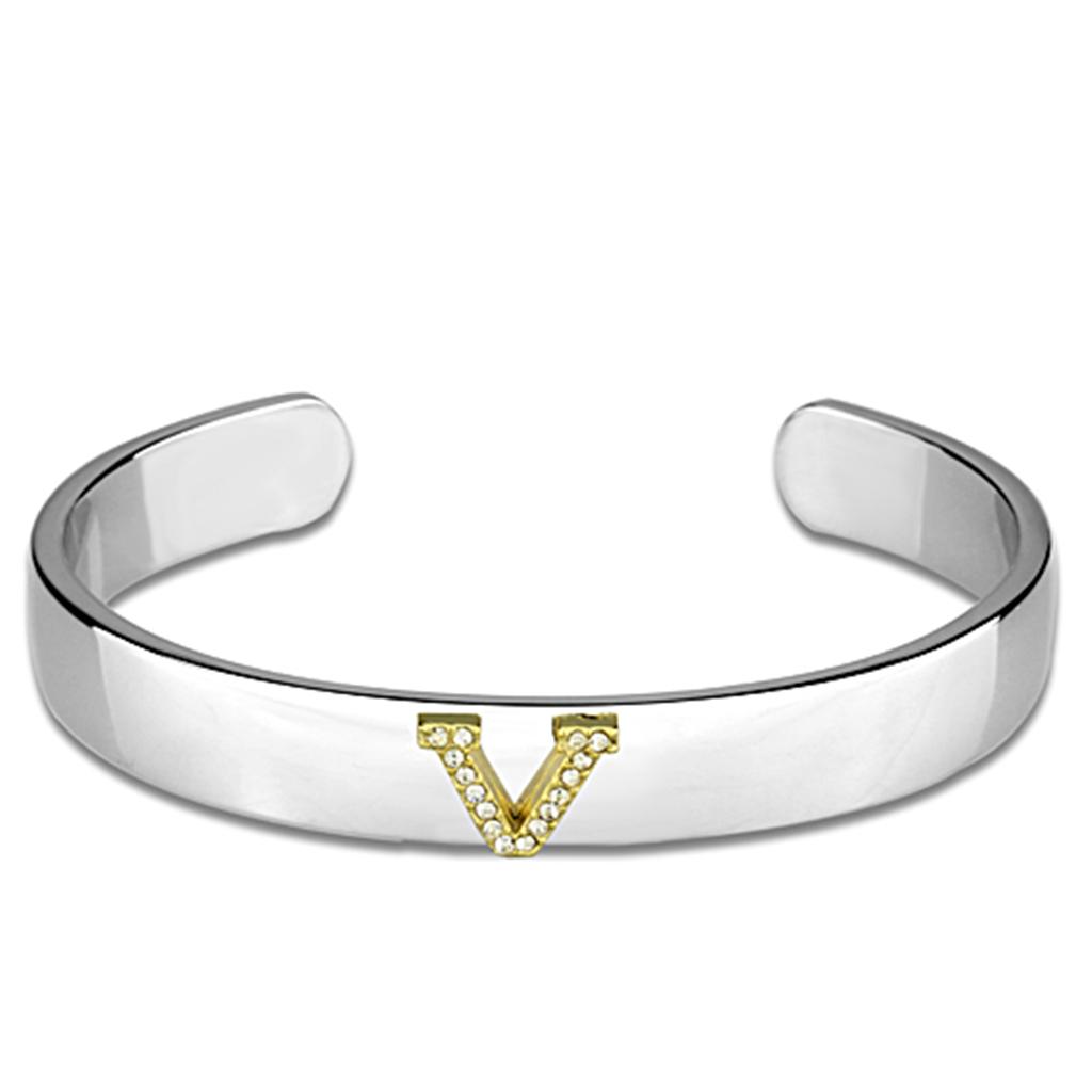 JCE3632 Reverse Two-Tone White Metal Bangle with Top Grade Crystal  in Clear