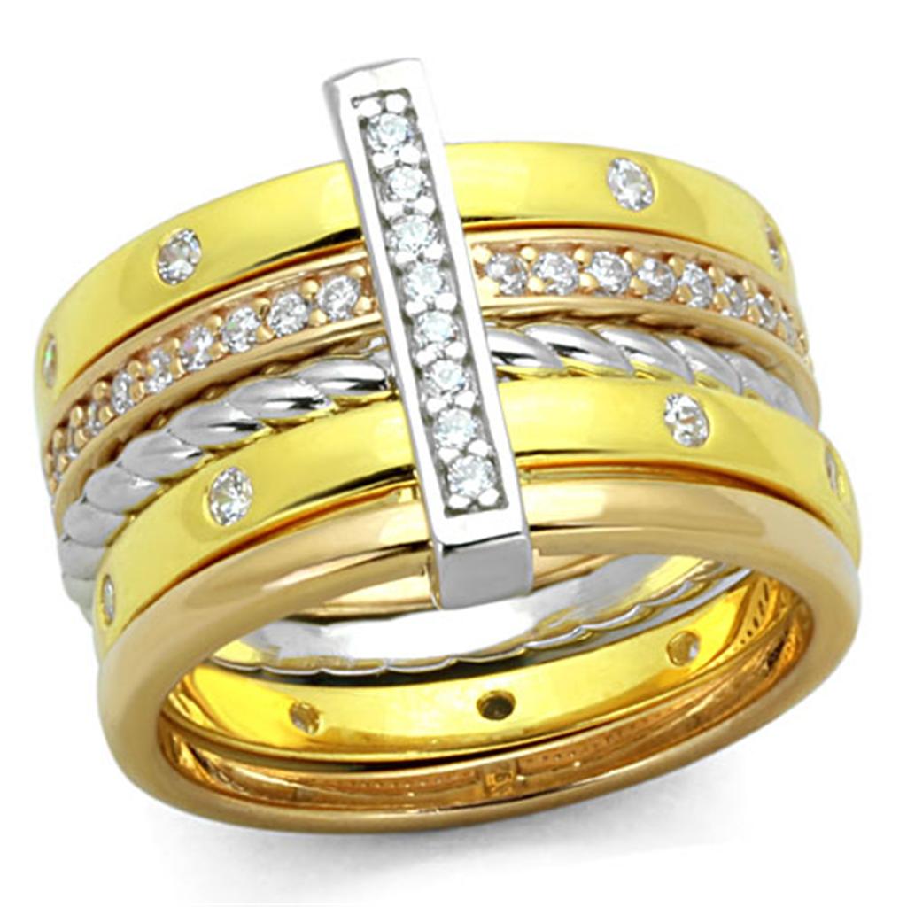 JCES810 Rhodium + Gold + Rose Gold 925 Sterling Silver Ring with AAA Grade CZ  in Clear