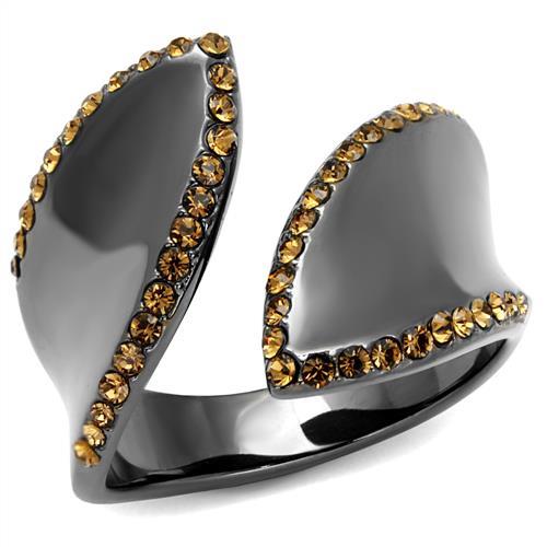 JCE2692 IP Light Black  (IP Gun) Stainless Steel Ring with Top Grade Crystal  in Smoked Quartz