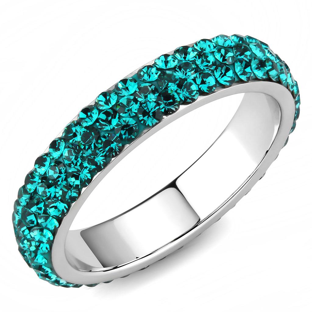 JCE3538 High polished (no plating) Stainless Steel Ring with Top Grade Crystal  in Blue Zircon